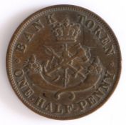 Canadian Token, copper halfpenny, BANK OF UPPER CANADA 1854, with depiction of St. George and the