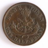 Canadian Token, copper halfpenny, BANK OF UPPER CANADA 1854, with depiction of St. George and the