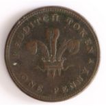 British Token, copper penny, 1813, Redditch, REDDITCH TOKEN ONE PENNY, with central fleur de lis,