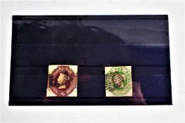 Stamps, GB 1847 embossed 6d + 1/-, both cut square