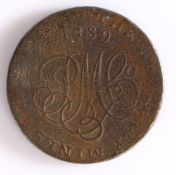 British Token, copper halfpenny, 1789, THE ANGLESEA MINERS HALFPENNY 1789, with central monogram