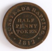 British Token, copper halfpenny, 1812, TUNSTEAD & HAPPING 1812 HALF PENNY TOKEN, the reverse PAYABLE