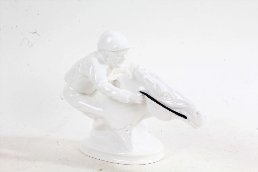 Michael Sutty, white glazed porcelain bust of horse and jockey, signed in ink to the base, 16.5cm