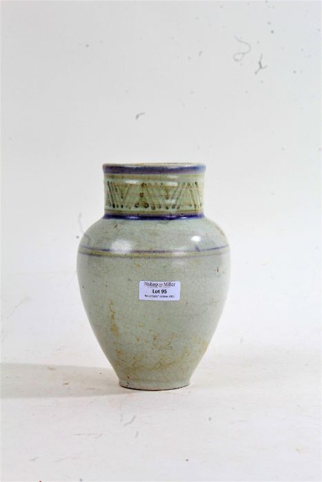 Studio pottery vase, of ovoid form, decorated with blue bands and a geometric design to the neck,