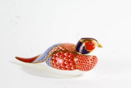 Royal Crown Derby porcelain paperweight in the form of a pheasant, lacking stopper, 18cm long