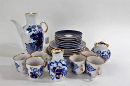 USSR porcelain coffee set, comprising coffee pot, six each cups and saucers, six side plates and a