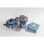 Wedgwood blue Jasper ware tea pot, water jug and two boxed dishes (4)