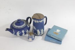 Wedgwood blue Jasper ware tea pot, water jug and two boxed dishes (4)