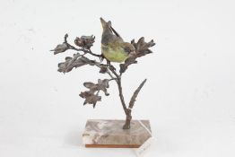 Albany Fine China Greenfinch, in bronze and porcelain, (one leg AF), on marble base, 23cm high