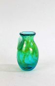 20th Century art glass vase in green with blue and yellow swirls, signed to the base, 12cm high