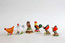 Michael Sutty, four porcelain figures to include a cockerel, two chickens and an owl, and two