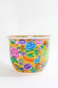 Chinese ceramic planter, decorated with colourful flowers on a yellow ground, 27cm diameter x 20.5cm