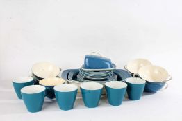 Poole Pottery blue glazed part tea and dinner service, consisting of six cups and saucers, sugar