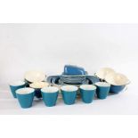 Poole Pottery blue glazed part tea and dinner service, consisting of six cups and saucers, sugar