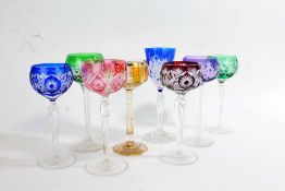 Eight Bohemia coloured wine glasses, to include seven hock and one red wine glass, various