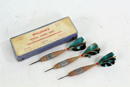 Set of three Spalding's Special Wood Darts, with multicoloured feathers, in original box