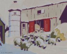 Herbert Sidney Palmer (Canadian 1881-1970) Sheep by a farm, silkscreen print, 11.5cm x 9cm