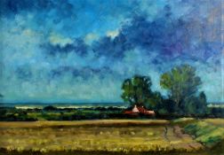 David Baxter (20th Century British), Norfolk landscape scene with farmhouse, signed oil on board,