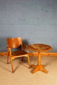 Octagonal top occasional table, on a turned stem and quadruple legs, 60cm diameter, bentwood elbow