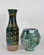 Art pottery vase with green and white mottled exterior, initialled JCB to base, 19cm high, art