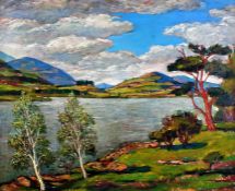 Slabezynski (20th Century), landscape scene with a river and hills to the background, oil on canvas,