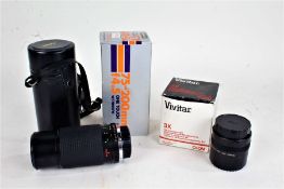 Boxed Super Ozeck Series II camera lens, 75-200mm f4.5, one touch macro, with a leather case and