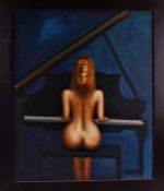20th century school, study of a nude female playing the piano, indistinctly signed oil on canvas,