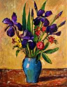 Slabezynski (20th Century), still life scene of a vase of purple flowers, oil on canvas board,