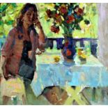 Unknown Ukrainian artist, female figure seated at a table with vase of flowers, oil on canvas,