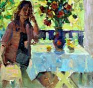 Unknown Ukrainian artist, female figure seated at a table with vase of flowers, oil on canvas,