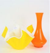 1960's bright orange glass vase, with long slender neck and bulbous body, 25.5cm high, together with