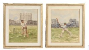 G V George, Pair of watercolours depicting cricketers, signed, 14cm x 16cm, (2)