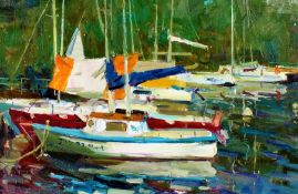 Sergey Kovalenko (1980 Ukraine), moored yachts, signed oil on board, housed in a white frame, the