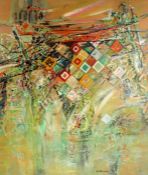 H. Murat?, colourful abstract scene, signed oil on fabric, dated 1969 and titled 'Azzuw' to reverse,