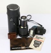 Vivitar f/4.5 80-200mm lens, housed in a fitted case, together with a Vivitar Thyristor 2500