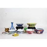 Collection of various Chinese porcelain vases and bowls and two hardwood stands (qty)