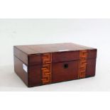 Wooden jewellery box with specimen wood inlaid in the form of Greek key, opening to reveal a pull