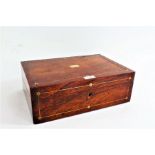 Victorian rosewood and brass banded writing box, the hinged lid, with mother of pearl inlay and a