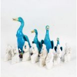 Collection of Chinese porcelain ducks, in vibrant blue glaze, also together with a collection of