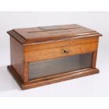 Victorian oak country house letter box, the hinged lid with central slot flanked by two brass