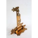 19th Century brass chimney crane, with rounded finials and a pierced bracket arm, adjustable hook,