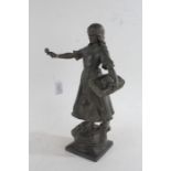 After A.J. Scotte, spelter figurine of 'The Flower Seller', signed twice, with plaque to the base