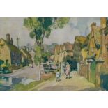 After Leonard Squirrel (1893-1979) Kersey, Suffolk, a coloured print housed in a glazed ebonised
