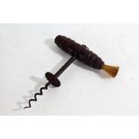 19th century treen handled corkscrew with brush to the handle, 16cm long 12cm wide