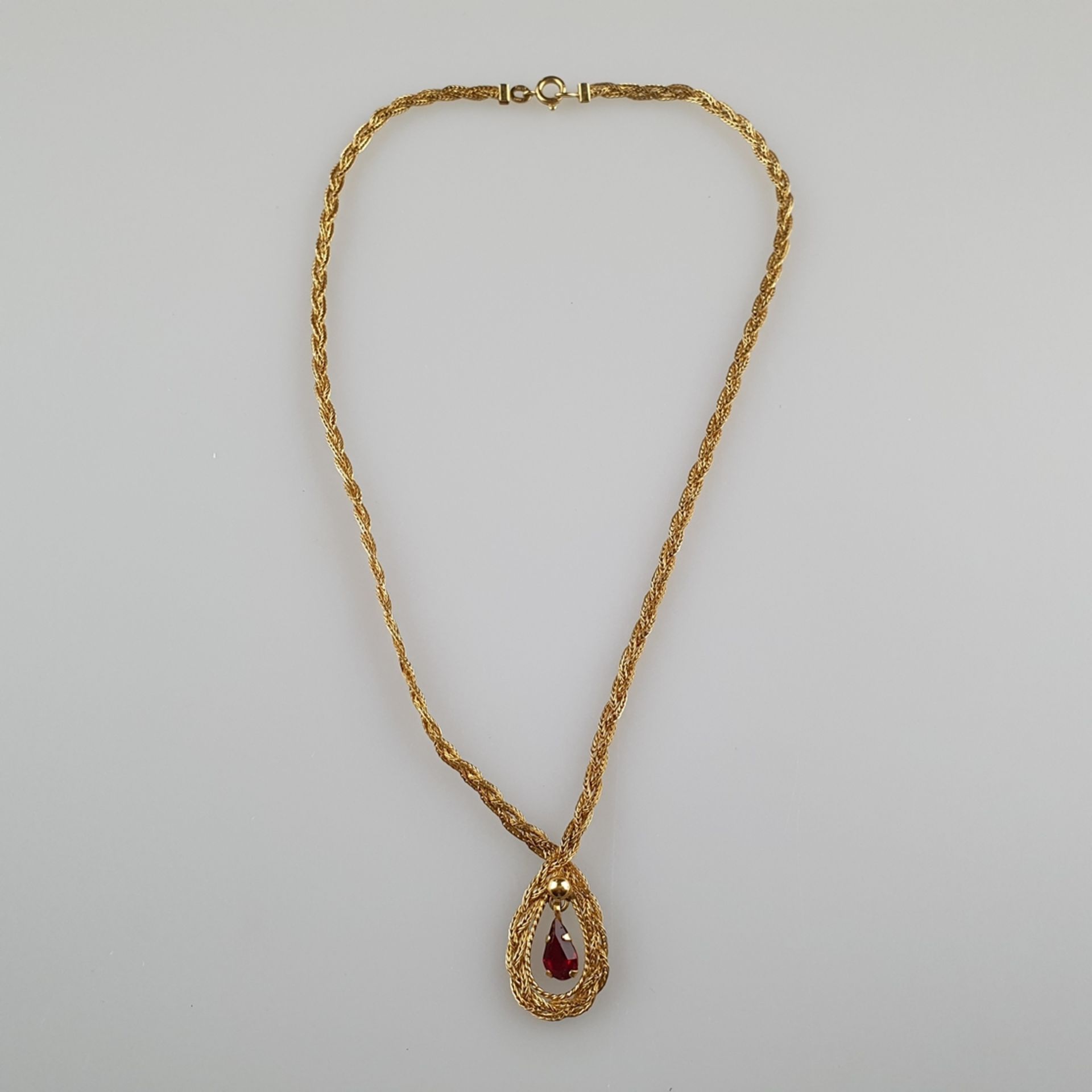 Flechtcollier - Gelbgold 750, Schlaufe mit angehängtem facettiertem Granat in T - Bild 2 aus 5