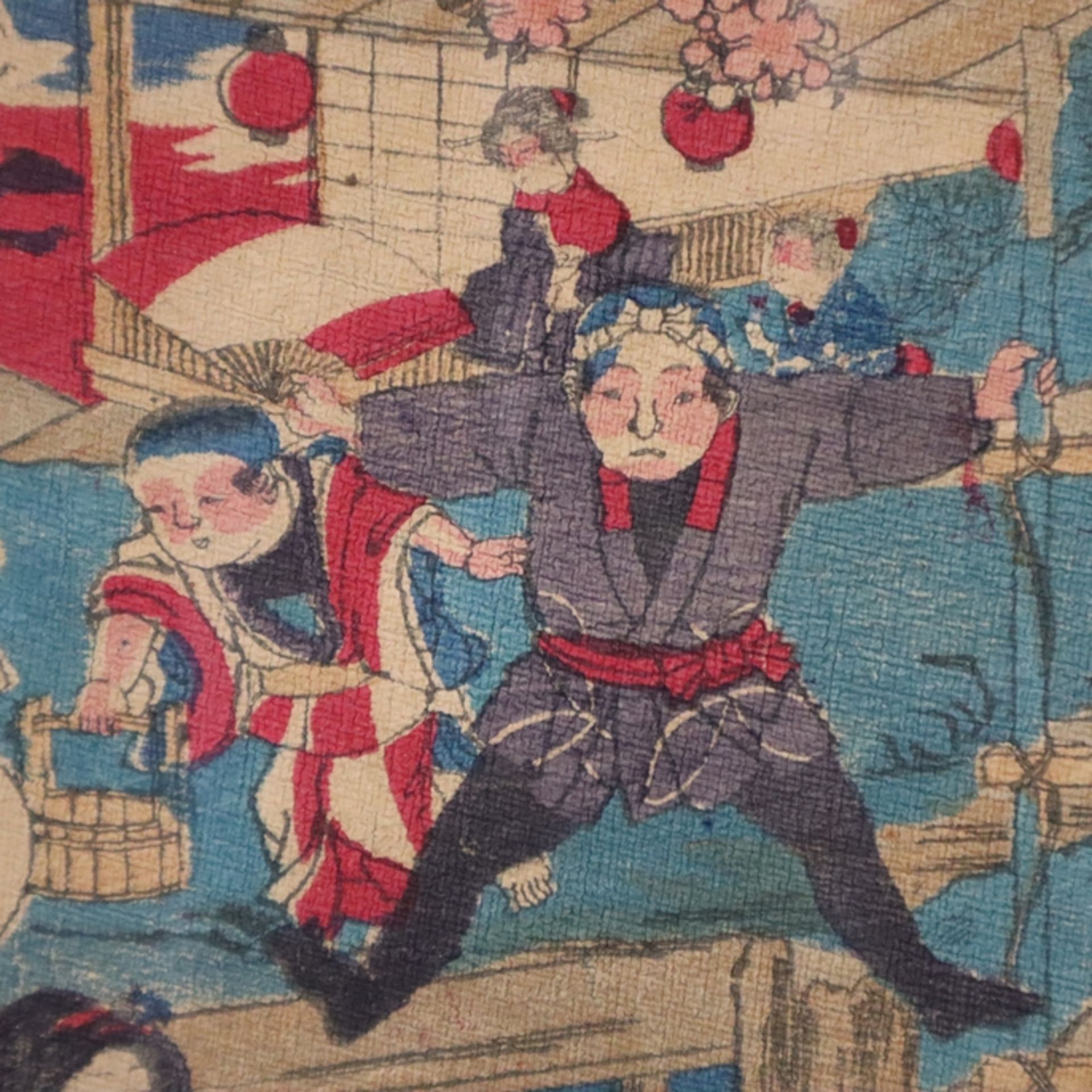Japanischer Farbholzschnitt 19.Jh. - Akrobaten, signiert, ca. 28x20cm, Alterssp - Bild 3 aus 7