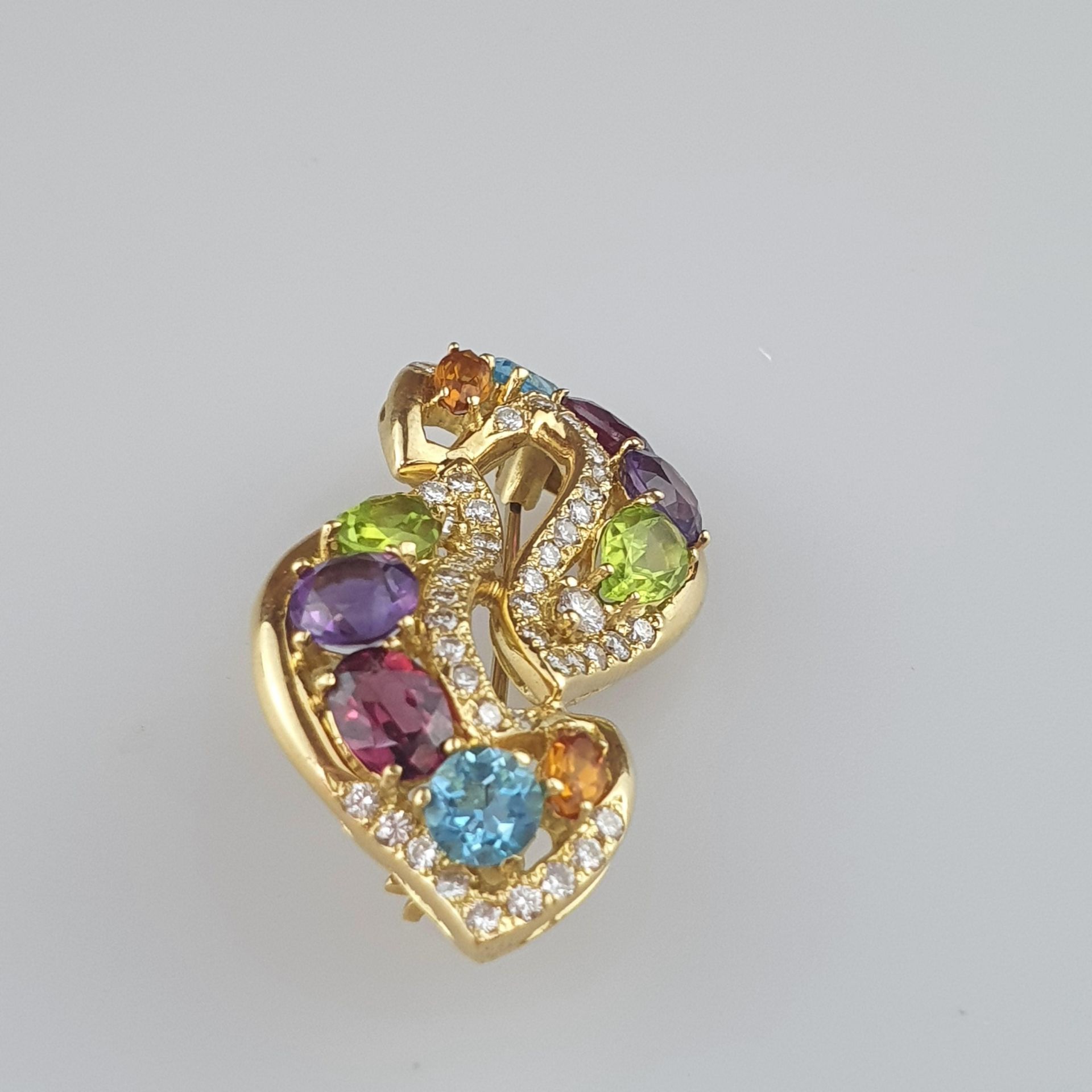 Multicolor-Brosche - 18Kt.-Gelbgold, Goldschmiedearbeit, Besatz mit kleinen Bri - Bild 3 aus 5