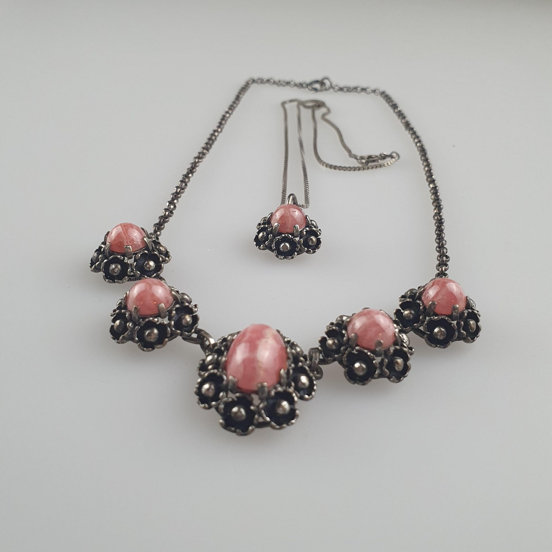 Rhodochrosit-Collier und -Anhänger - in Silber 835 gearbeitet u. punziert, Coll - Bild 4 aus 4