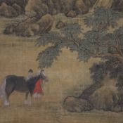 Chinesisches Rollbild - Mann mit Pferd bei Flussüberquerung, Tusche und Farben