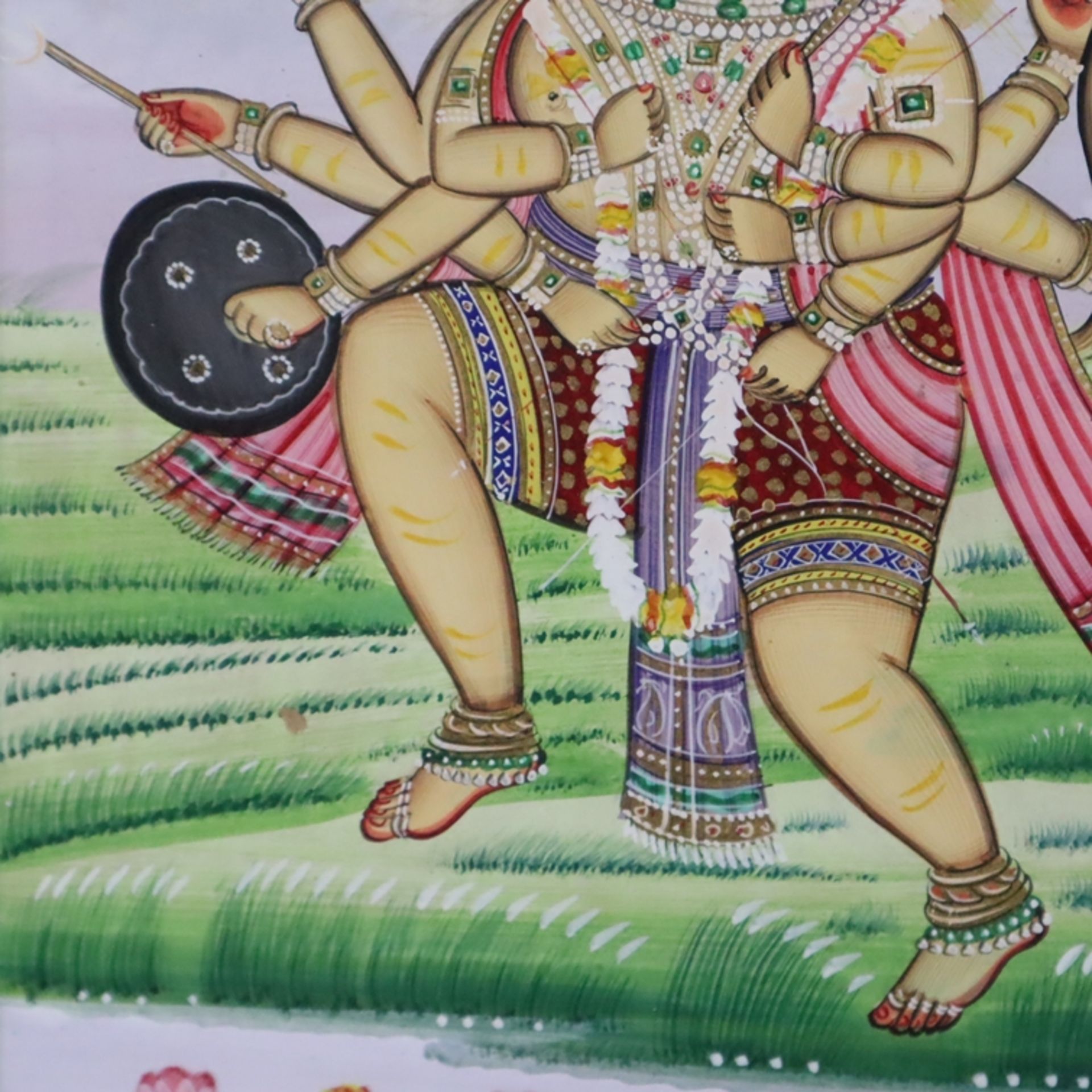 Indische Malerei - Hanuman als zehnarmige Gottheit mit den Gesichtern von Naras - Bild 5 aus 7